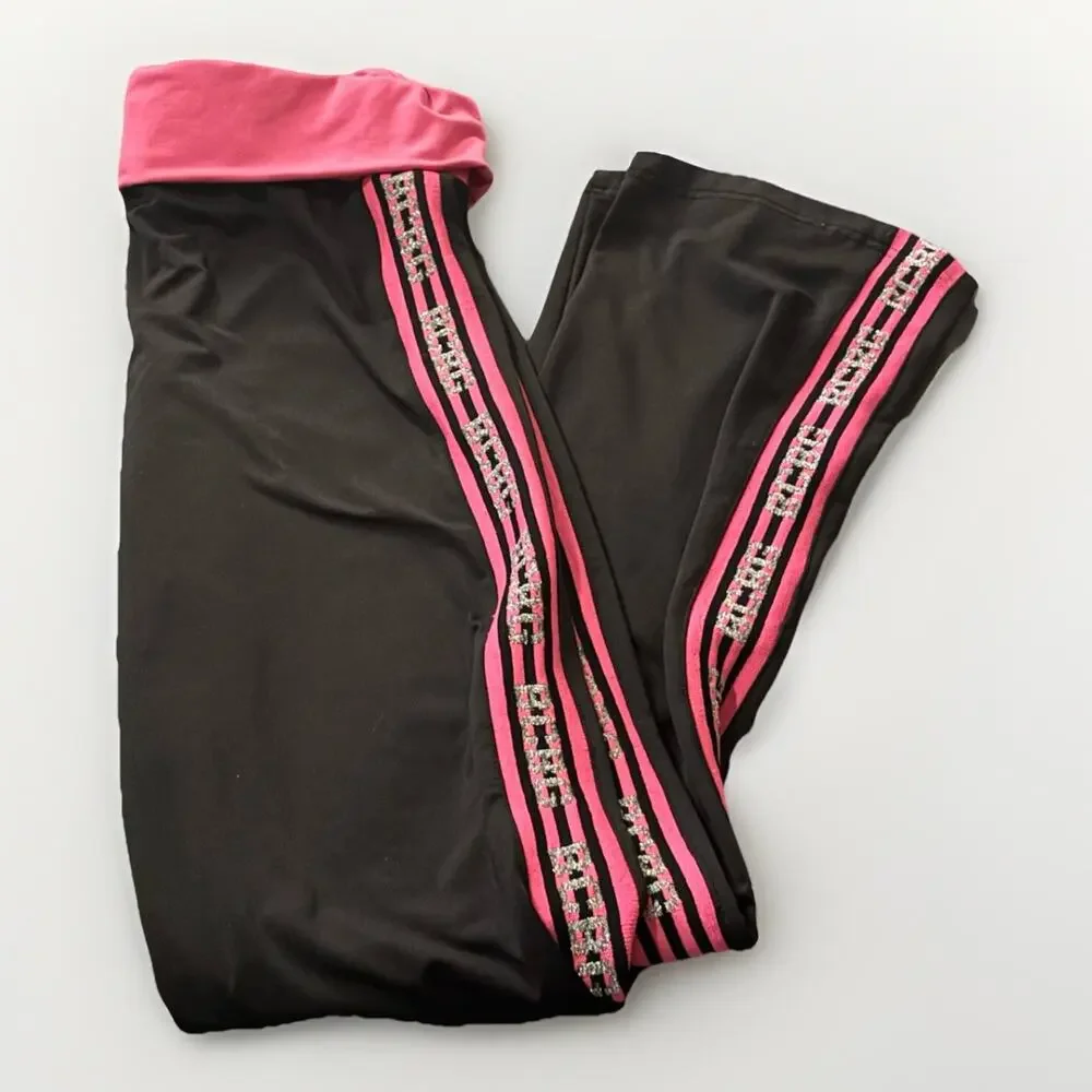 Y2K BCBG Maxazria Foldover Yoga Pants With Glitter Logo, Black & Pink Vintsge M